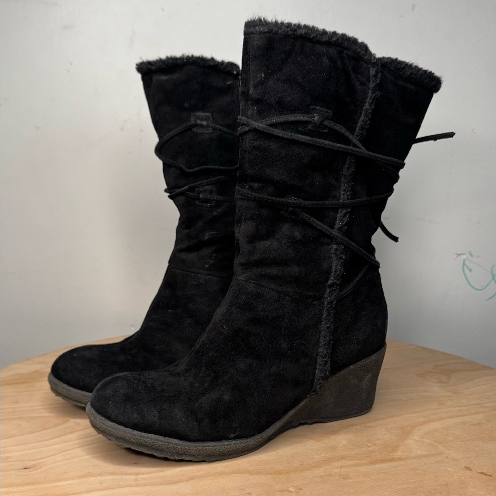 Connie Malibu Black Leather Tall Winter Fleece Lined Boots Size 10